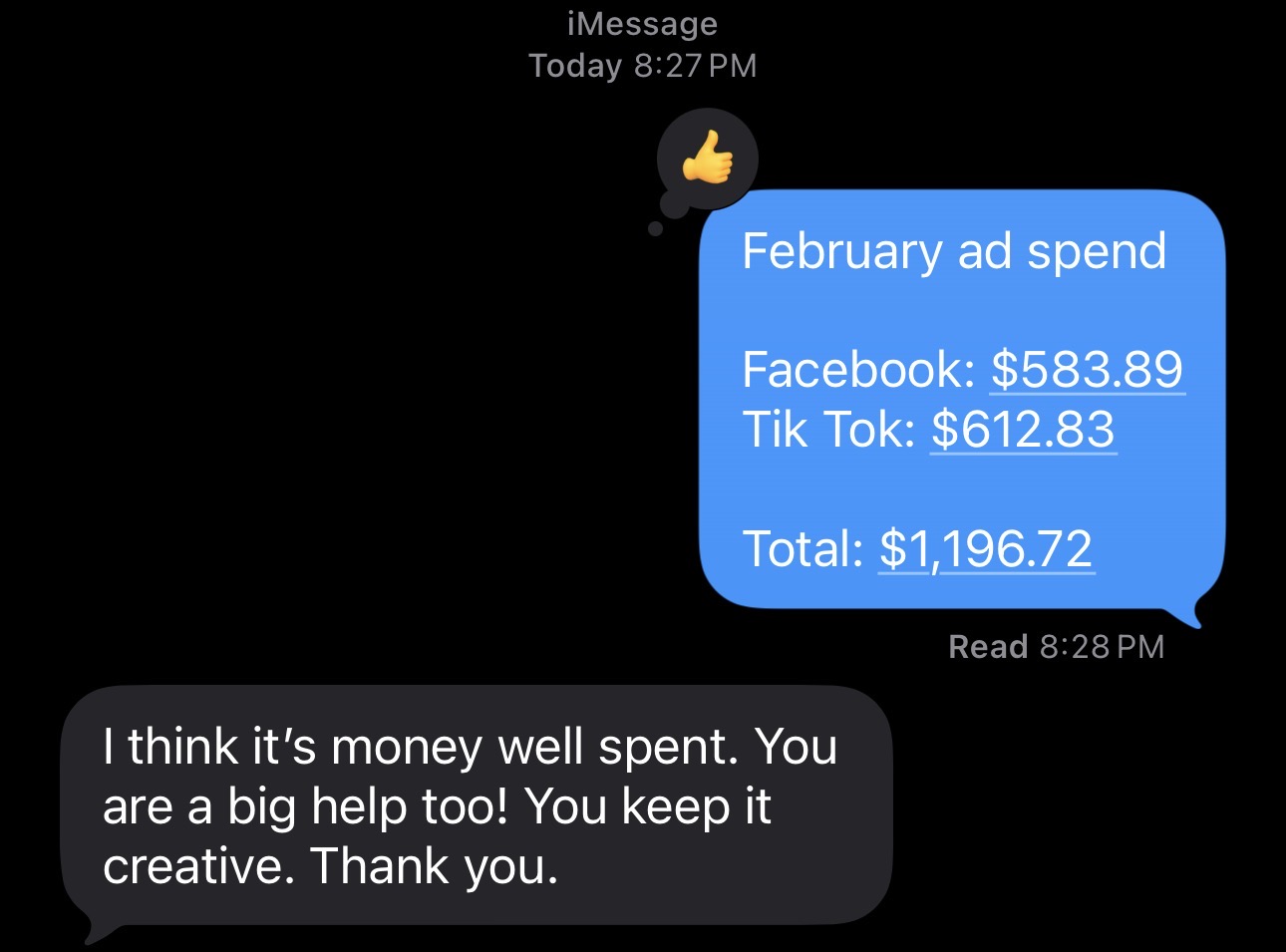 Client text message saying the ad spend was money well spent