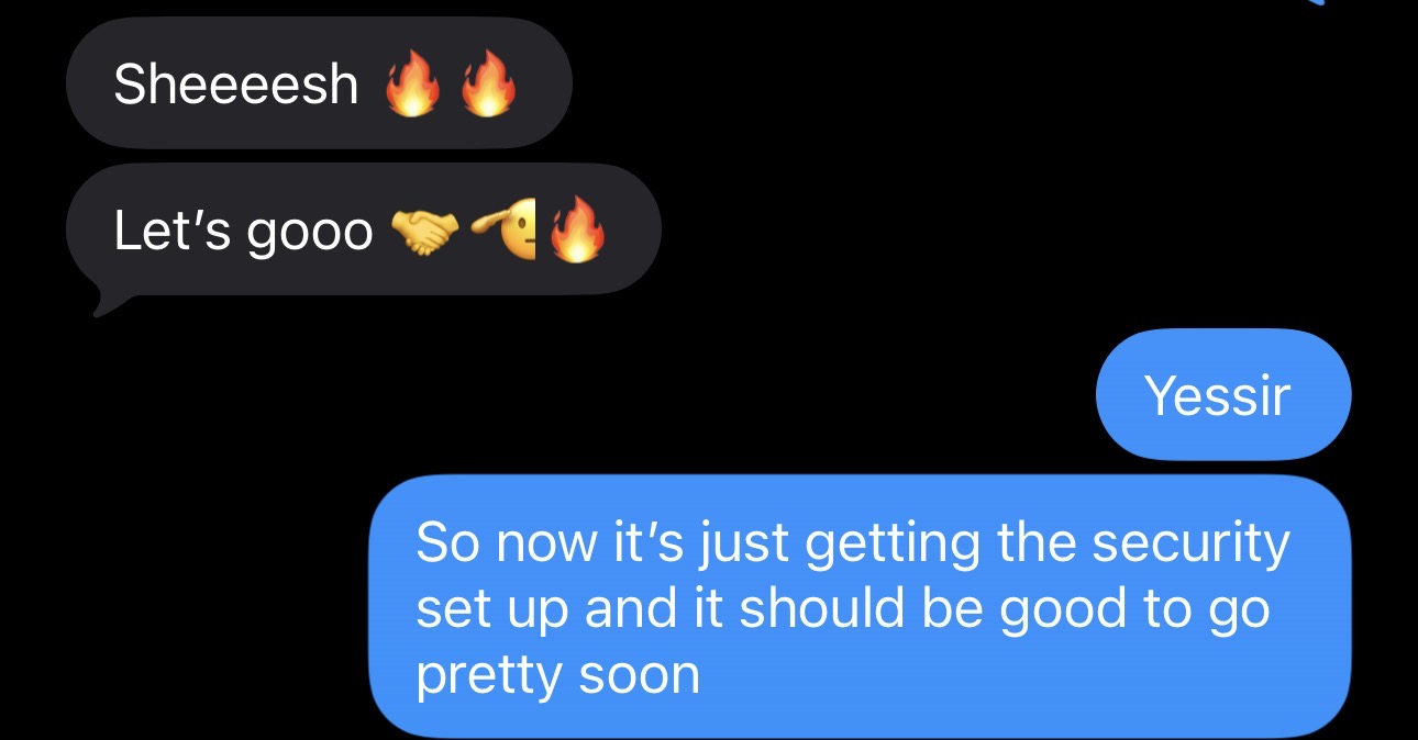 Client text message reacting to a finished project