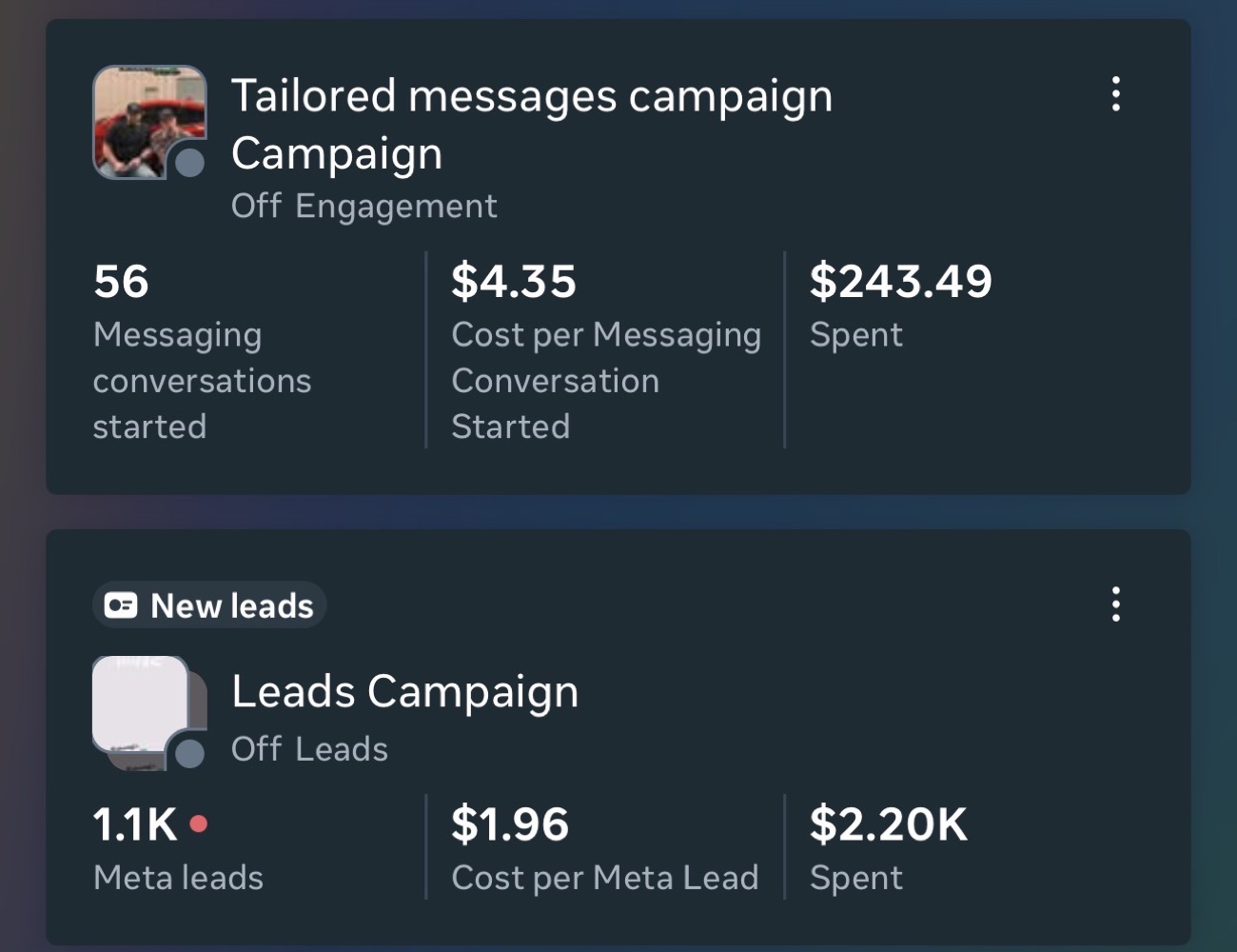 Meta Ads lead campaign with 1,100 Meta leads at $1.96 each