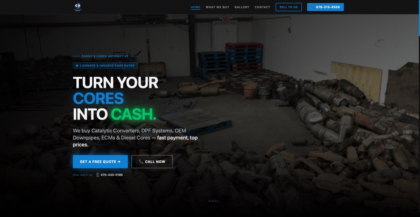Danny's Cores Automotive website homepage