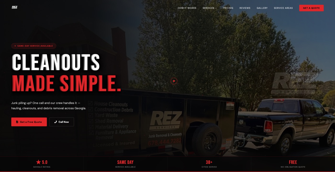 REZ Services junk removal website homepage